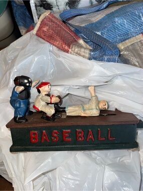 Vintage Cast Iron Baseball Mechanical Bank - Red & Green